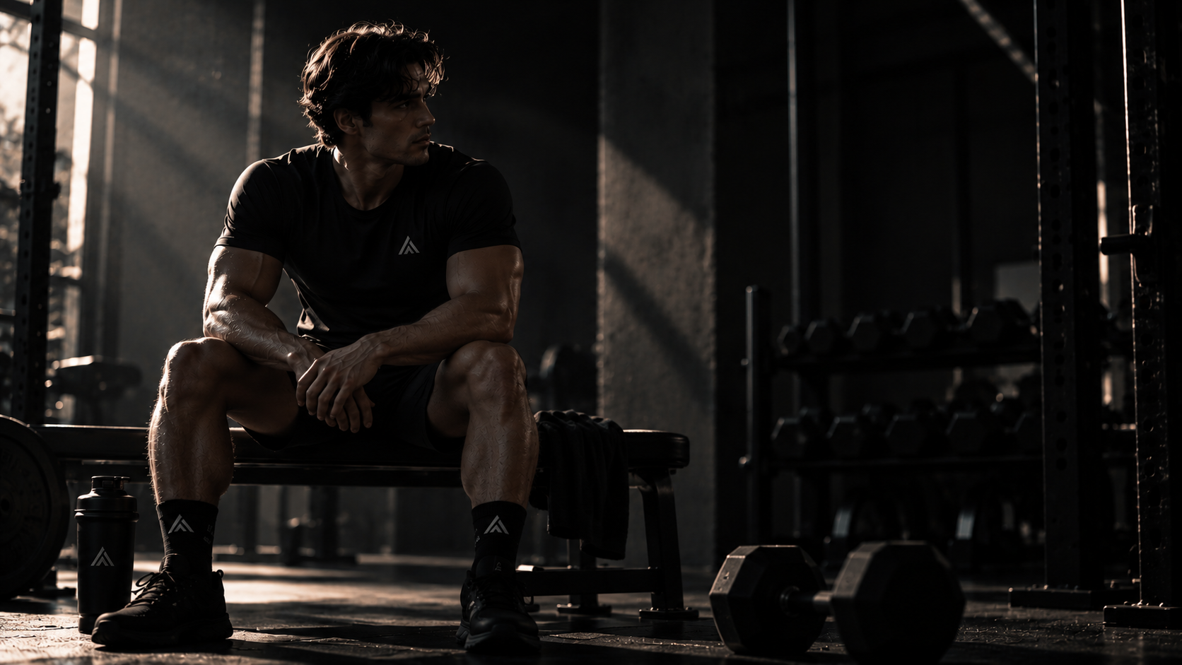 Atleta entrenando en un gimnasio oscuro